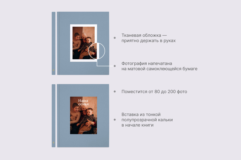Большая фотокнига в голубом тканевом переплете